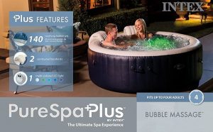 Intex 28429E PureSpa Plus 6.4 Foot Diameter 4 Person Portable Inflatable Hot Tub Spa with 140 Bubble Jets and Built in Heater Pump, Blue